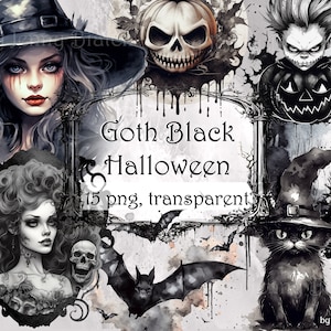 May include: A set of 15 black and white digital illustrations featuring gothic Halloween themes. The images include a witch, a skull, a pumpkin, a bat, a cat, and a spooky forest. The images are transparent PNG files.