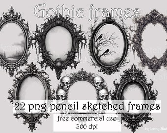 Cornice ovale gotica, schizzo a matita, PNG trasparente, sovrapposizione Photoshop, 300 dpi, clipart di Halloween, per uso commerciale, disegno per tatuaggio gotico