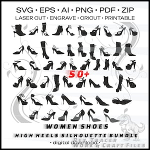 50+ höga klackar silhuett SVG PNG Ai-paket, modeskor Otline Clipart för Cricut laserskuret