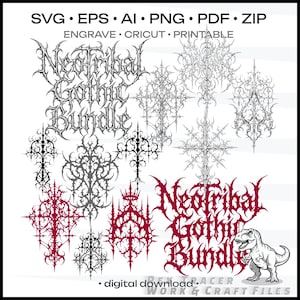 Puede incluir: Un paquete gráfico de descarga digital con el texto "NeoTribal Gothic Bundle" en una fuente gótica. La imagen incluye varios diseños tribales y góticos en negro, gris y burdeos, junto con un dinosaurio de dibujos animados. La imagen también incluye el texto "SVG EPS AI PNG PDF ZIP".