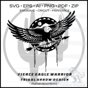 May include: Black and white graphic of an eagle with outstretched wings, holding an arrow. The design includes the text "FIERCE EAGLE WARRIOR TRIBAL ARROW DESIGN" and file type options. A dinosaur graphic is in the lower right corner.