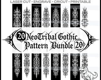 Paquete de patrones góticos neotribales SVG EPS AI para camisetas, bolsos, pantalones y sudaderas. Diseño: corte láser, grabado, Cricut, impresión, PDF y PNG.