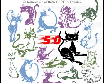 Paquete de imágenes SVG de gatos de dibujos animados: 50 divertidas siluetas de gatitos para Cricut, grabado láser y vinilos decorativos. Conjunto de diseños vectoriales felinos originales.