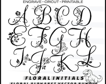 Paquete de letras SVG del alfabeto floral, monograma dividido de la A a la Z con flores, para bodas, Cricut y Silhouette, monograma de hojas y flores, imágenes prediseñadas de iniciales florales