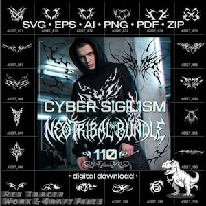 May include: A digital download bundle featuring 110 black and white cyber sigilism and neo-tribal graphic designs. The collection includes various sharp, abstract vector shapes in SVG, EPS, AI, PNG, and PDF formats, displayed in a grid layout.