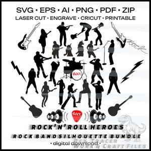 Rockband silhouet svg bundel muziek vector clipart gitaar SVG rock n roll svg rocker svg rockster svg zanger svg overzicht rockmuziek sticker