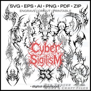 Può includere: Un download digitale con vari disegni tribali neri e il testo rosso "Cyber Sigilism". Include i formati SVG, EPS, AI, PNG, PDF e ZIP. L'immagine include anche un dinosauro dei cartoni animati.