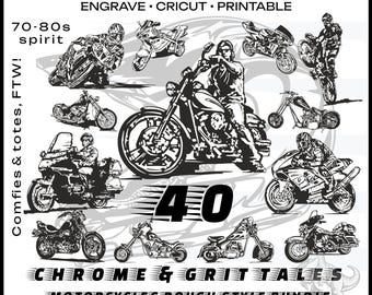 Paquete SVG de diseños de motocicletas, silueta vectorial de chopper vintage, clipart vectorial de motociclista para camisetas y calcomanías, archivos Cricut, gráficos de silueta