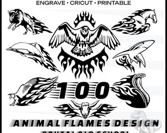 Diseño de llamas de animales SVG Paquete de SVG de llamas de fuego Impresiones digitales de animales Silueta de fuego Diseño de SVG de llamas Archivos cortados con láser Plantillas de grabado