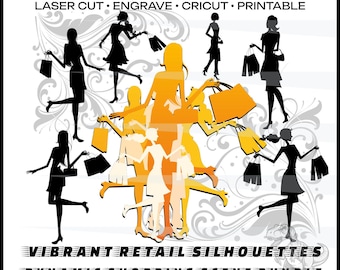 Paquete de siluetas de tiendas Diseños de eventos de ventas Ilustración del flujo de clientes Temas de tiendas minoristas Vinilos para escaparates Diseño minorista cortado con láser