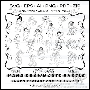 Hand drawn cute Angels Vintage cherub angel PNG bundle Hand drawn cupid wedding svg clipart Line art Cherubs angels Angel Sublimation Design