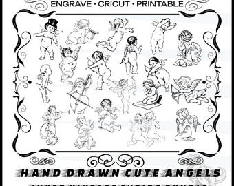 Ángeles lindos dibujados a mano, paquete PNG de ángel querubín vintage, clipart de boda de Cupido dibujado a mano, arte lineal, ángeles querubines, diseño de sublimación de ángel