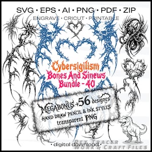 May include: Digital download graphic bundle featuring black and blue skeletal and thorny designs. Includes text: "Cybersigilism Bones And Sinews Bundle - 40" and "MEGABONUS +56 designs HAND DRAW PENCIL & INK STYLES transparent PNG". Also includes a cartoon T-Rex.