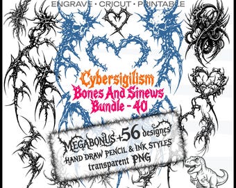 Paquete SVG de huesos y tendones de Cybersigilism / Diseños de tatuajes bioorgánicos / Arte vectorial tribal gótico esquelético para streetwear, grabado y bricolaje