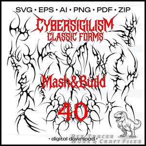 May include: A digital collection of black tribal-style cybersigilism graphic designs on a white background. The text reads CYBERSIGILISM CLASSIC FORMS, Mash&Build, 40, and digital download. A small grey dinosaur illustration is in the bottom right.