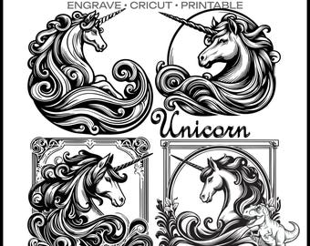Paquete SVG de unicornio majestuoso: arte de contorno místico para grabado, camisetas y decoración de fantasía. Descarga digital de imágenes prediseñadas de criaturas fantásticas detalladas.