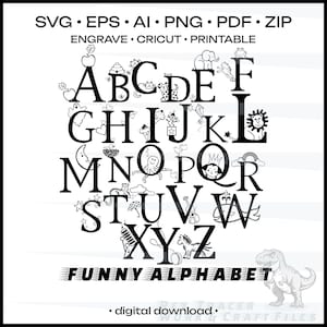 Könnte beinhalten: Schwarz-Weiß-Digitaldownload eines lustigen Alphabet-Designs. Jeder Buchstabe ist mit skurrilen Illustrationen, darunter Tiere und Objekte, verziert. Der Text "FUNNY ALPHABET" befindet sich unten, mit Dateitypoptionen oben.