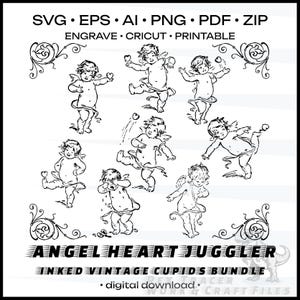 Hand drawn cute angels SVG vector bundle Funny angel png Cupid wedding svg clipart Line art Ink Cherubus angels Angel Sublimation Designs