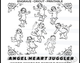 Paquete de vectores SVG de ángeles lindos dibujados a mano, ángel divertido PNG, clipart de boda de Cupido, arte lineal, ángeles querubines en tinta, diseños de sublimación de ángeles