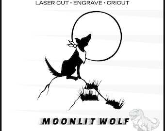 Lobo y Luna svg Arte de pared Noche iluminada por la luna Lobo aullando a la luna png Archivos de corte láser Silueta vectorial Descarga digital