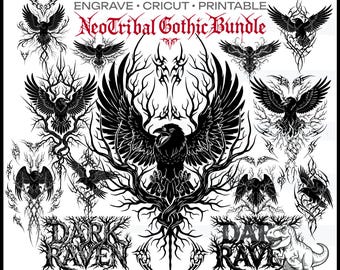 Paquete SVG de cuervo: diseños góticos para tatuajes, camisetas, bolsos, pegatinas, grabados en madera, metal y vidrio, calcomanías de vinilo, plantillas y archivos PNG de corte.