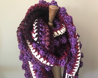 Handmade Crochet Scarf | Thick Wool | Shades of Purple | 75” x 7” | Fringe