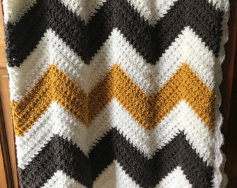 The Sawyer | Handmade Crochet 3 Color Chevron Baby Blanket with Ruffled Edge | CUSTOM | Choose Colors
