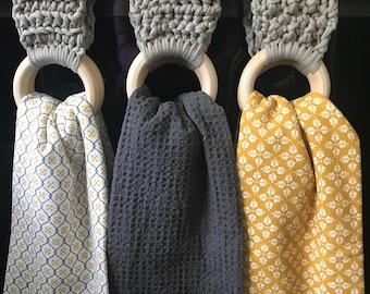 Handmade Crochet Kitchen Dish Towel Holder | Double Wood Rings | Modern Farmhouse