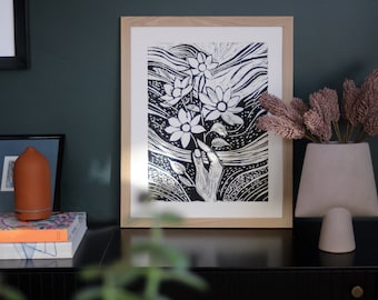 Hand Holding Flowers linoprint. Hand printed on 40x50cm art paper. Original wall art lino print. Signed and embossed. 50% OFF limited time