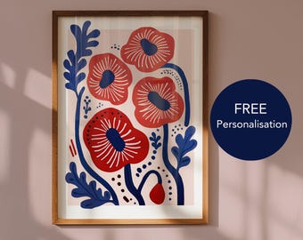 Abstract Flowers Art Print, Flower Art, Botanical Art Prints, Scandi Wall Art, Red and Blue Flowers Art, Boho Floral Print, Pink Wall Decor