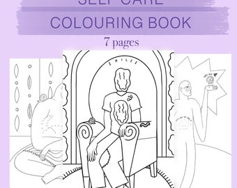 Può includere: Un libro da colorare in bianco e nero con 7 pagine. La copertina presenta il testo "SELF CARE COLORING BOOK" e "7 pages". Le pagine interne presentano illustrazioni di persone in varie pose, tra cui una persona seduta su un trono, una persona seduta a gambe incrociate e una persona che tiene un fiore.
