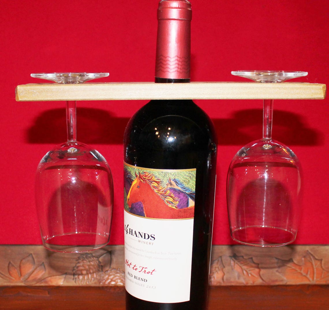 Wine Bottle Holder and 2 Glasses Holder Wood Burned Grape Etsy