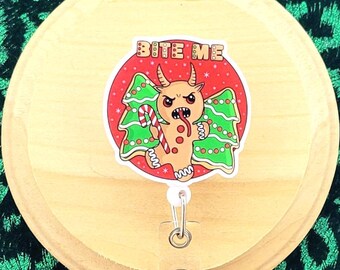 bite me Krampus badge reel for mental health, funny Christmas badge holder for ID, secret Santa gifts for colleagues, nurse Christmas gift