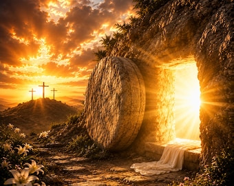 Jesus Resurrection Empty Tomb Wall Art, Sunrise Cross Faith Print (8x10 inches)