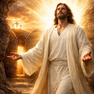 Jesus resurrection wall art printable glowing light Christian decor 8x10