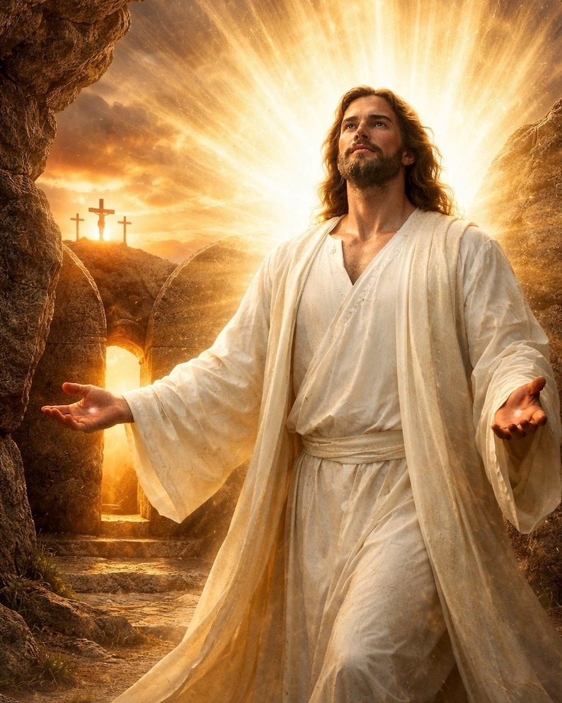 Jesus resurrection wall art printable glowing light Christian decor 8x10