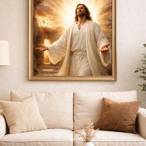 Risen Jesus Christ wall art printable displayed above couch