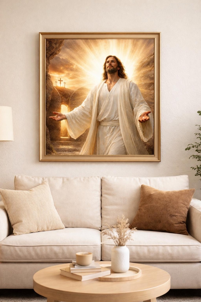 Risen Jesus Christ wall art printable displayed above couch
