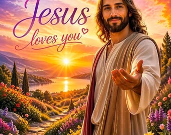 Christian Sunrise Wall Art, Jesus Loves You Bible Verse Print (Instant Download)