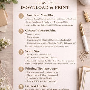 May include: A beige print with instructions on how to download and print artwork. The text includes steps for downloading files, choosing a print location, selecting a size (20x25 cm), printing tips, and framing. Decorative elements include gold paper clips and a pen.