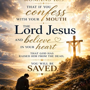 May include: A digital art print featuring the text "ROMANS 10:9" and the words "confess," "Lord Jesus," and "believe." A cross is illuminated by sunlight, and a person kneels in prayer on a path leading towards it. The background shows a sunset over mountains.