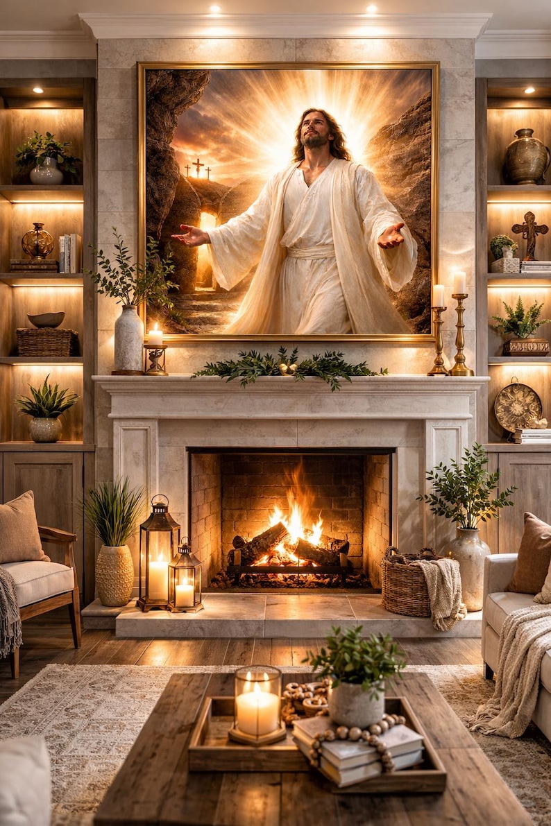 Jesus resurrection printable wall art warm living room mockup