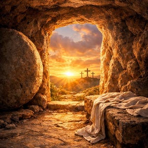 Puede incluir: Una tumba abierta con una gran piedra rodada, que revela un brillante amanecer y tres cruces en una colina distante. Un paño blanco descansa sobre una repisa de piedra. La escena está bañada en una cálida luz dorada.