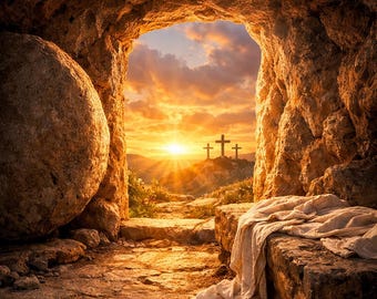Jesus Resurrection Empty Tomb Wall Art, Sunrise Cross Faith Print (8x10 inches)