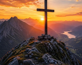 Cross Mountain Sunset Art Print, Christian Landscape (8x10 Instant Download)