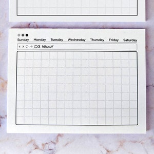 May include: Two white weekly planner notepads with a grid pattern. The top notepad has a checkbox and the text "https://" in the address bar. The bottom notepad has a plus sign and the text "https://" in the address bar.