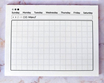 May include: Two white weekly planner notepads with a grid pattern. The top notepad has a checkbox and the text "https://" in the address bar. The bottom notepad has a plus sign and the text "https://" in the address bar.