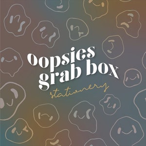 Puede incluir: Un fondo colorido con un patrón de caras sonrientes blancas. El texto "oopsies grab box stationery" está en letras blancas sobre fondo blanco.