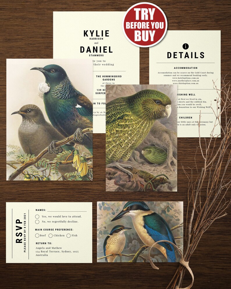 New Zealand Birds Wedding Invitation Templates Downloadable Etsy