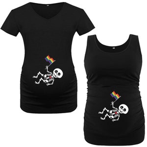 May include: Two black maternity shirts with a skeleton holding a rainbow flag. The shirts are for pregnancy and have a fitted style.